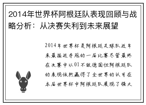 2014年世界杯阿根廷队表现回顾与战略分析：从决赛失利到未来展望
